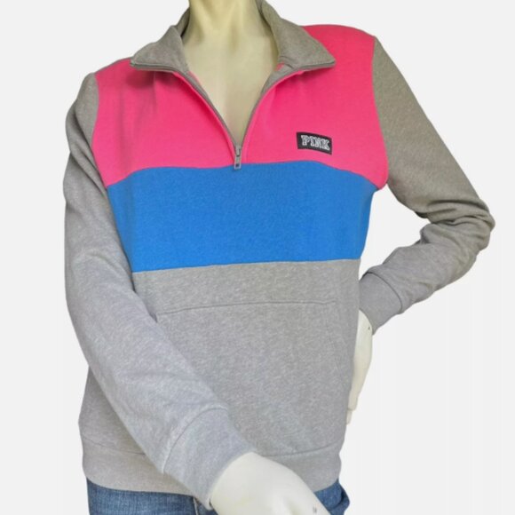 PINK Victoria's Secret Tops - Victoria's Secret Pink Blue Gray & Pink Colorblock 1/4 Zip Sweatshirt - 6008